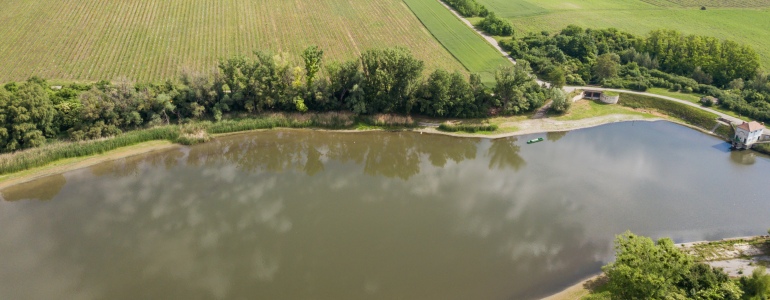 Rybník Nesyt při pohledu z dronu.